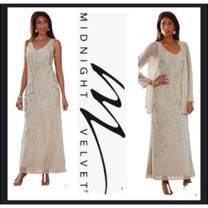 Beaded Sequin Cream-Beige Formal Midnight Velvet Wedding Guest Maxi Jacket Dress